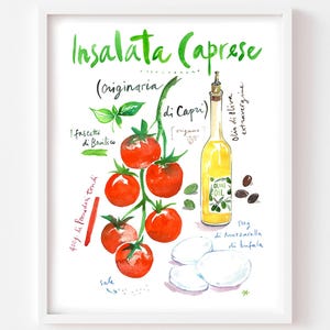 Caprese Salad Recipe Art Print: Watercolor Italian Cuisine Kitchen Decor