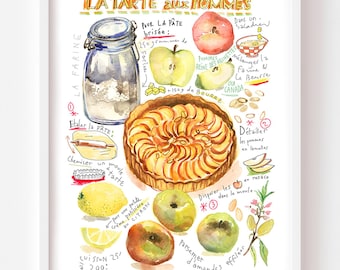 Apple Tart Recipe Watercolor Art Print: French Kitchen Wall Decor