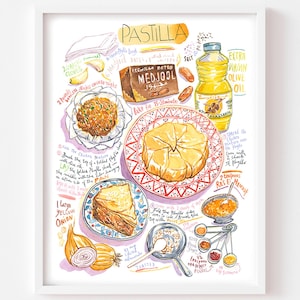 Moroccan Pastilla recipe fine art print, Chicken pie watercolor painting, North African cuisine, Kitchen decor warm color scheme, Food art