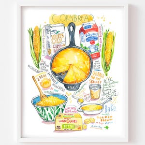 Le Cornbread - Pain de Maïs, Poster recette illustrée à l'aquarelle du sud des États-Unis, Affiche décor cuisine, Cadeau amoureux des USA
