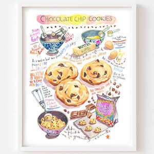 Chocolate Chip Cookie Recipe Watercolor Art Print: Kitchen Wall Decor