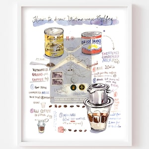 Vietnamese Coffee Recipe Watercolor Art Print: Ca Phe Sua Da Kitchen Decor