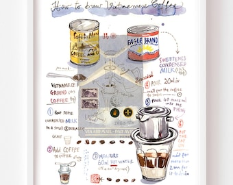 Vietnamese coffee recipe fine art print, Ca Phe Sua Da watercolor painting, Asian kitchen wall art gift, Travel to Vietnam, Restaurant decor