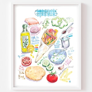 Greek Gyros & Tzatziki Recipe Art Print: Watercolor Mediterranean Kitchen Decor
