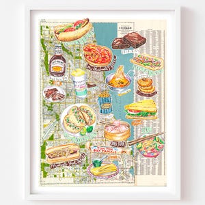 Chicago food map fine art print, Watercolor painting on vintage map, Illinois cuisine, Bright kitchen decor, City gift, Restaurant wall art