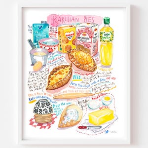 Finnish Karelian Pie recipe fine art print, Scandinavian kitchen wall art, Finland bakery, European decor, Watercolor painting, Food artwork