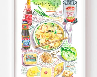 Wonton Noodle Soup Recipe Art Print: Hong Kong Cuisine Watercolor