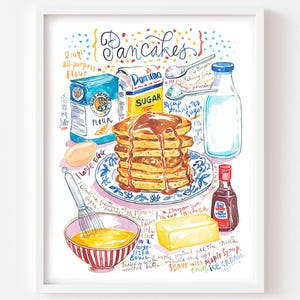 Pancake Recipe Watercolor Painting Print: Yummy Kitchen Decor, Bakery Wall Art