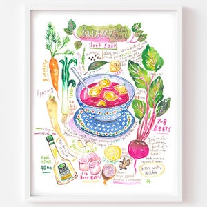 Recette du Bortsch Polonais, Aquarelle, Illustration soupe à la betterave, Cuisine de Pologne, Décoration cuisine Europe de l'Est