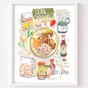 Jamaican Jerk Chicken recipe fine art print, Caribbean cuisine watercolor painting, West Indian colorful kitchen decor, Jamaica food artwork
