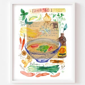 Pho Bo recipe fine art print, Watercolor painting, Vietnamese kitchen wall art, Noodle soup artwork, Asian food, Vietnam restaurant decor