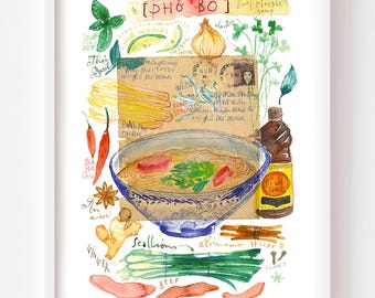 Pho Bo recipe fine art print, Watercolor painting, Vietnamese kitchen wall art, Noodle soup artwork, Asian food, Vietnam restaurant decor
