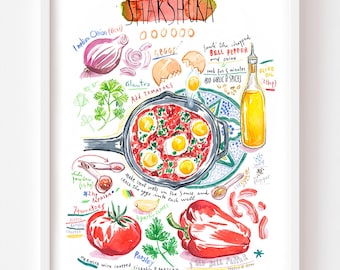 Shakshuka recipe fine art print, Mediterranean food watercolor painting, Middle Eastern healthy breakfast poster, Colorful kitchen wall art