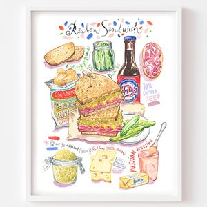 Reuben Sandwich recipe fine art print, Watercolor painting, Deli restaurant decor, Kitchen wall art, Comfort food, Jewish cuisine artwork