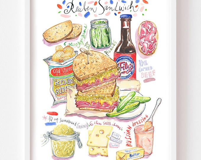 Reuben Sandwich Recipe Art Print: Watercolor Deli Kitchen Decor