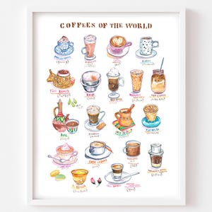 Coffees of the world fine art print, Coffee chart watercolor painting, Kitchen decor, Around the world espresso artwork, Coffee lover gift