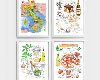 Quatre affiches cuisine italienne, Recettes à l'aquarelle de la Pizza, du pesto, du tiramisu et une carte illustrée des desserts italiens