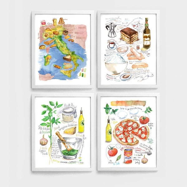 Italian food print set of 4 watercolor posters, Italy map with desserts, Illustrated recipes of Pizza, Basil pesto, Tiramisu, Kitchen art