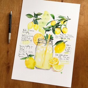 Lemonade recipe print, Yellow and green kitchen decor, Bright wall art, Lemon Watercolor painting, Drink artwork, Homemade summer soft drink image 6