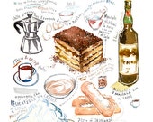 Tiramisu recipe poster, Italian food illustration print, Watercolor painting, Italy themed gift, Kitchen wall art, Italian dessert artwork