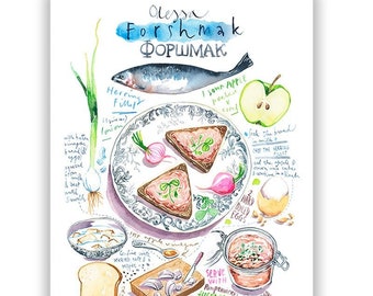 Odessa Forshmak recipe print, Jewish Ashkenazi cuisine poster, Watercolor painting, Ukrainian food art, Blue kitchen decor, Soviet artwork