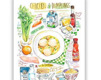 Chicken and dumplings recipe print, Watercolor painting, Comfort food poster, Cozy kitchen decor, Gift for foodie, Southern cuisine wall art