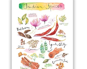 Indian Spices watercolor illustration print, Condiment poster, Cook in India, Indian food painting, Asian kitchen decor, Wall art print