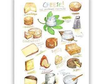 Cheese watercolor poster, French cuisine print, European kitchen wall art, Food art, Cheese lover gift, Types of cheeseart, Restaurant decor