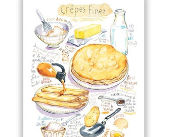 Classic Crepes recipe poster, French food print, Watercolor French dessert painting, Soft colors kitchen wall art, Sweet treat from France