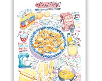 Recette des Faworki, Cuisine Europe de l'Est, Aquarelle, Décoration cuisine polonaise, Affiche cuisine, Illustration recette A4, A3, Pologne