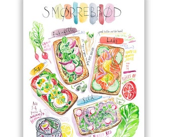 Danish Smørrebrød recipe poster, Watercolor painting, Colorful kitchen wall art, Scandinavian food print, Cute Denmark gift, Home decor