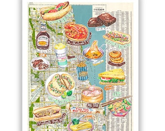 Chicago Food Map poster, Watercolor painting on vintage map, Illinois cuisine print, Bright kitchen wall art, Home decor, Culinary city art