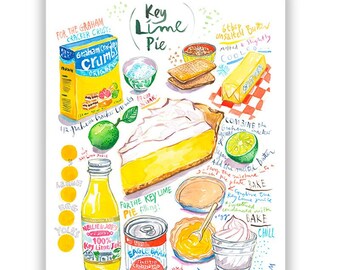 Key Lime Pie recipe illustration print, Watercolor painting, Yellow kitchen wall art, Florida Keys food poster, Bakery artwork, Citrus cake