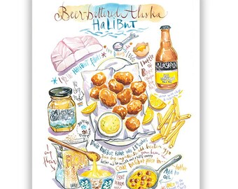 Beer-Battered Alaska Halibut recipe poster, Yellow and blue kitchen wall art, Seafood print, Anchorage cuisine gift meal watercolor painting