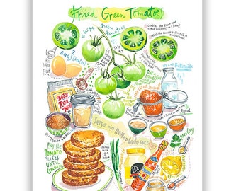 Fried Green Tomatoes recipe print, Watercolor painting, Southern cuisine poster, Kitchen wall art, Cooking gift, Comfort food veggie artwork