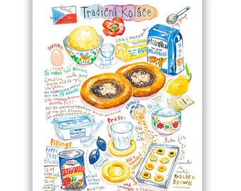 Czech bakery recipe poster, Kolache print, Prague kitchen decor, Colorful watercolor wall art, Czech Republic food artwork, European cuisine