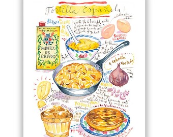 Tortilla Espanola recipe print, Watercolor painting, Yellow theme Spanish kitchen decor, Spain wall art, European food illustration poster