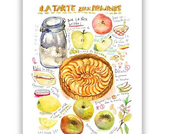 Apple Tart recipe poster, French cuisine print, Watercolor painting, Kitchen art, Restaurant wall decor, Bakery artwork, France food gift