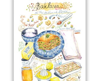 Baklava recipe print, Watercolor painting, Middle Eastern treat poster, Kitchen decor, Balkan cuisine, Greek pastry artwork, Dessert print