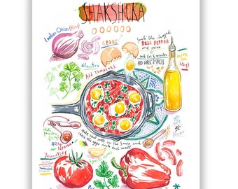 Shakshuka recipe watercolor painting print, Middle Eastern healthy breakfast poster, Israeli colorful kitchen wall art, Mediterannean food