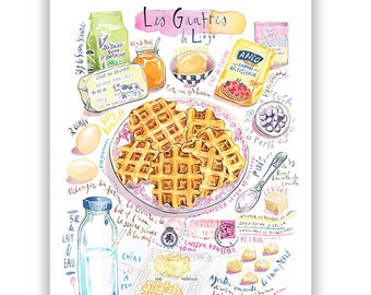 Fluffy Belgian Waffle recipe print, Watercolor painting, European bakery poster, Kitchen decor, Sweet food artwork, Soft color wall art