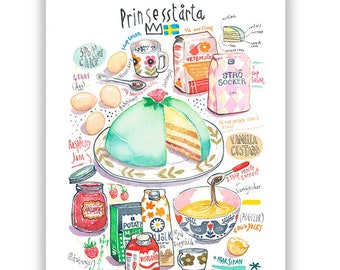 Swedish Princess Cake recipe print, Scandinavian kitchen art, Bake in Sweden, Bright food artwork, Swedish Fika poster, Watercolor painting