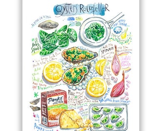 Oysters Rockefeller recipe print, Watercolor painting, Seafood cooking wall art, Green kitchen poster, Restaurant decor, New Orleans cuisine