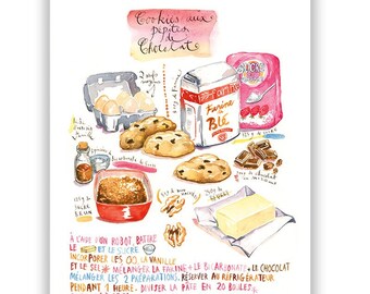 Cookie recipe print, Chocolate chip cookies, Kitchen wall art, Food poster, Home decor, Bakery print, Cookie illustration print, Foodie gift