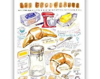 French breakfast Croissant recipe poster, Watercolor painting, French food print, Bakery decor, Travel to France, Parisian kitchen wall art