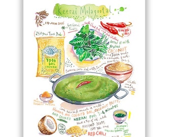 Indian food print, Spinach Lentil Curry recipe poster, Watercolor painting, India wall art, Indian kitchen decor, Vegetarian food poster