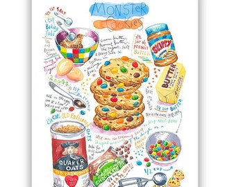 Monster Cookie recipe poster, Watercolor painting, Kids kitchen print, Sweet yummy food artwork, Toddler room wall decor, Candy shop poster