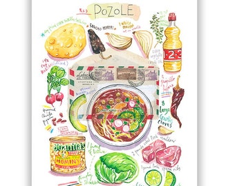 Red Pozole recipe print, Watercolor painting, Mexican cuisine decor, Colorful kitchen art, Restaurant wall art, Latin American soup poster