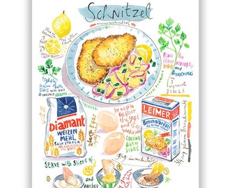 German Schnitzel recipe art print, Watercolor painting, European kitchen decor, Austrian cuisine poster, Colorful food art, Cook in Germany