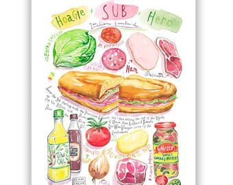 Hoagie watercolor recipe print, Sub sandwich shop decor, Italian deli wall art, Food poster, Home gift, Northeastern States kitchen artwork